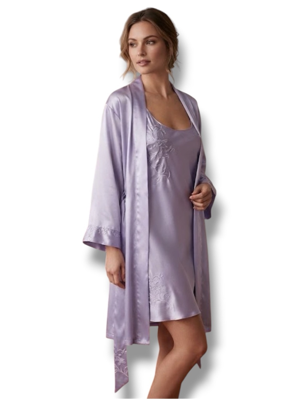 Vintage Inner Most Lavender Satin Robe & Slip Lingerie Set Size S Floral Embroid